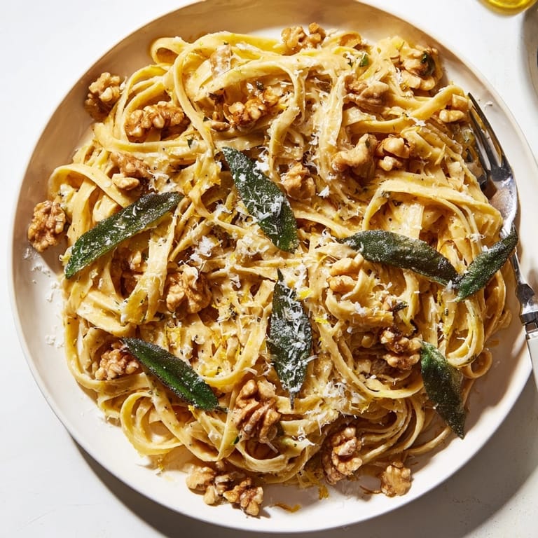 Close-up of glistening Brown Butter Pasta with Walnuts &amp; Sage, a comforting vegetarian delight.