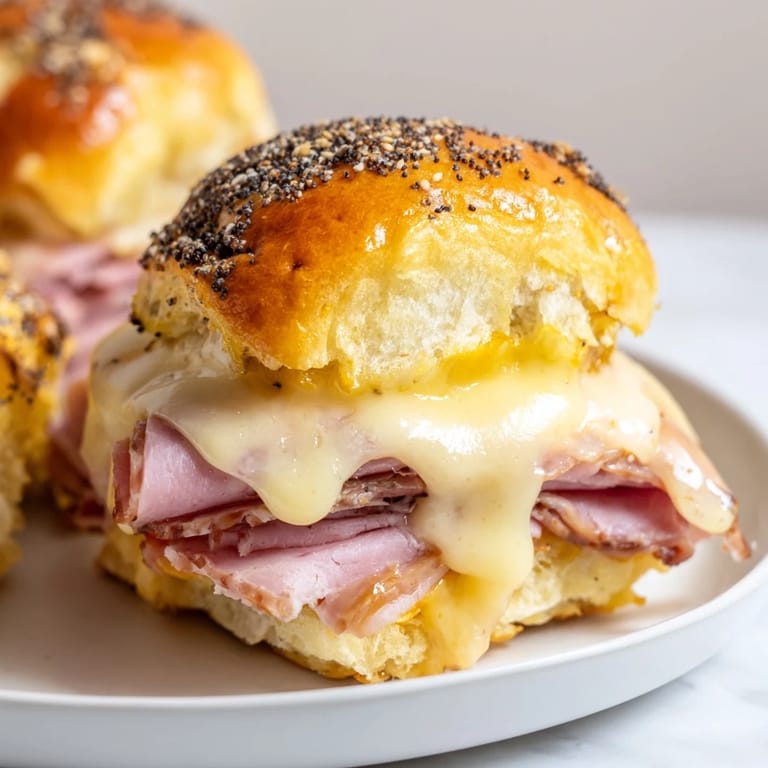 Melted Swiss cheese oozing from savory Cheesy Baked Ham and Cheese Party Sliders, perfect for any gathering.