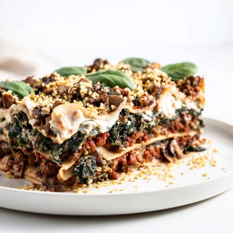 A close-up view of a beautifully prepared vegan lasagna with mushroom-spinach Bolognese, bubbling and delicious.