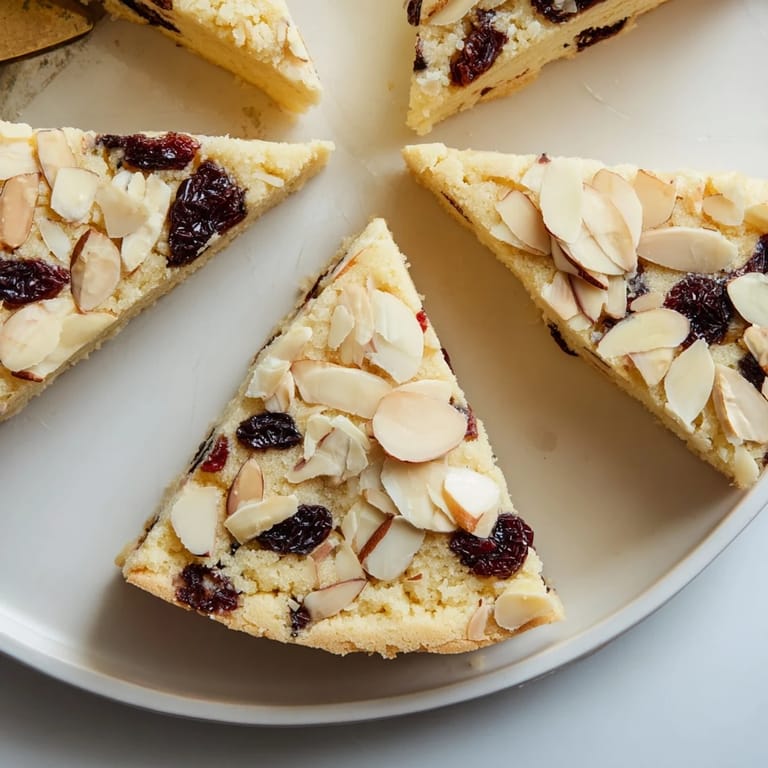 Freshly baked Cherry Almond Shortbread Wedges, with a light dusting of sugar, are the perfect dessert treat.