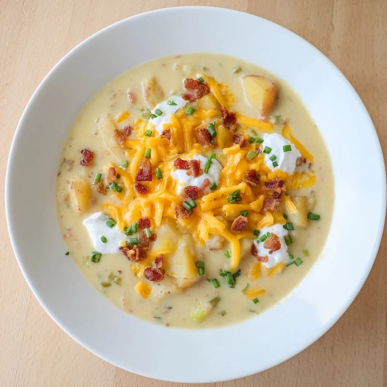 A close-up shot of creamy, flavorful Ultimate Baked Potato Soup, perfect for a cozy dinner.