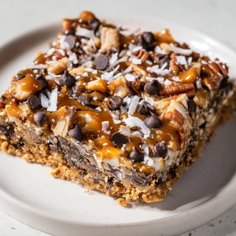 A tray of freshly baked 7-Layer Magic Bars, showing off the textures and nutty toppings.