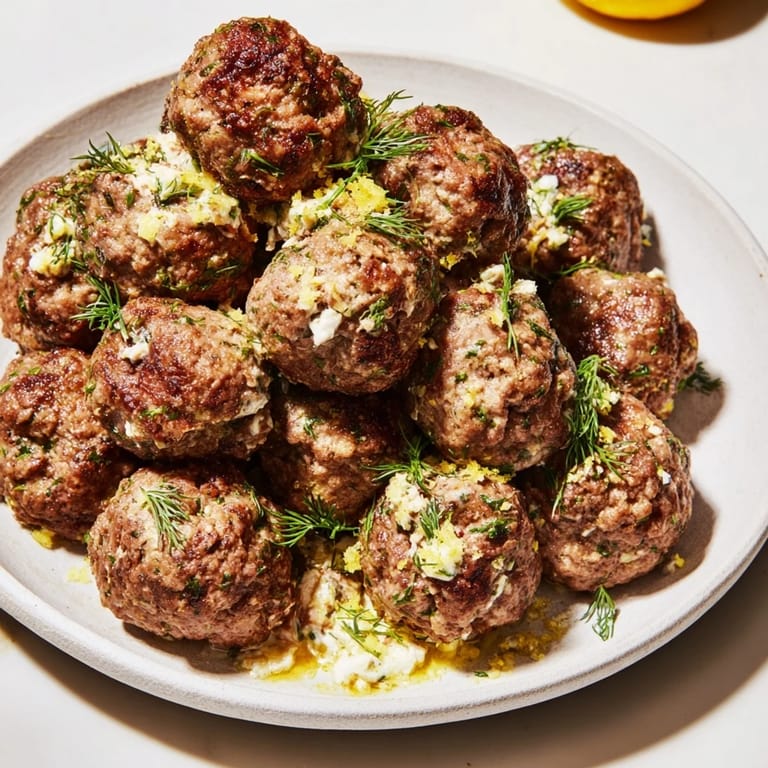 Juicy Instant Pot Greek-Style Meatballs blanketed in a vibrant lemon-feta sauce, a delicious main course.