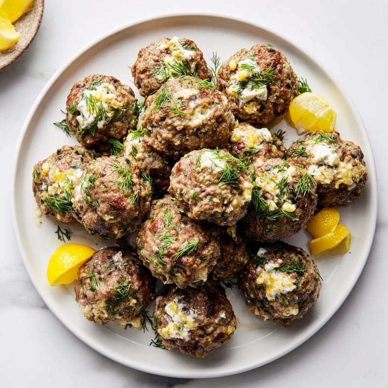 Plated Instant Pot Greek-Style Meatballs featuring a tangy lemon-feta sauce, perfect for a Mediterranean meal.