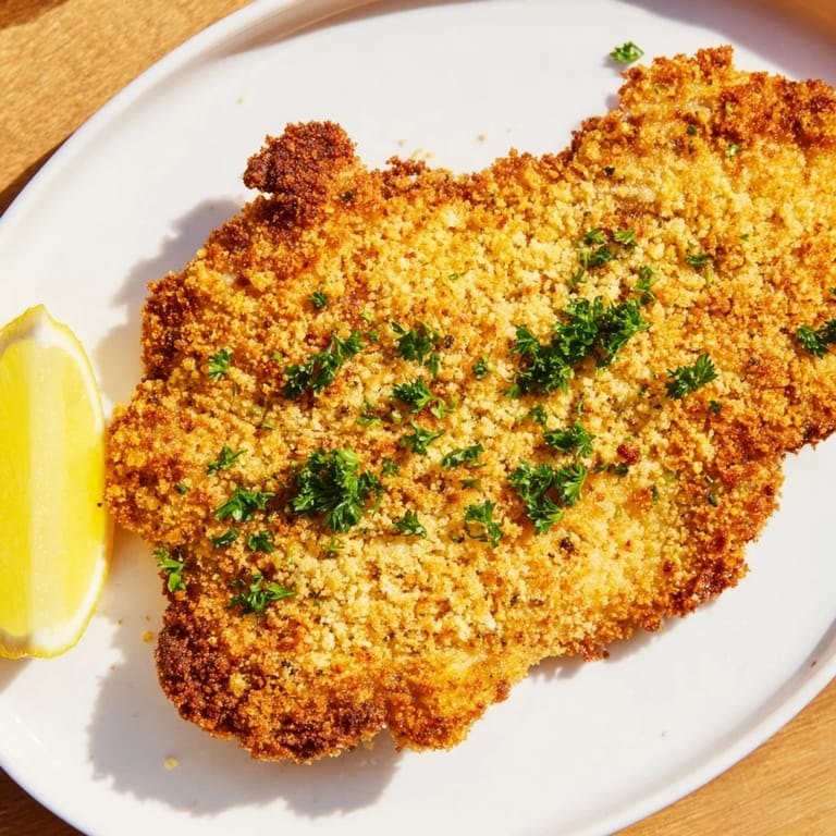 This image shows delicious, air-fried Wiener Schnitzel, ready to eat alongside a lemon wedge.