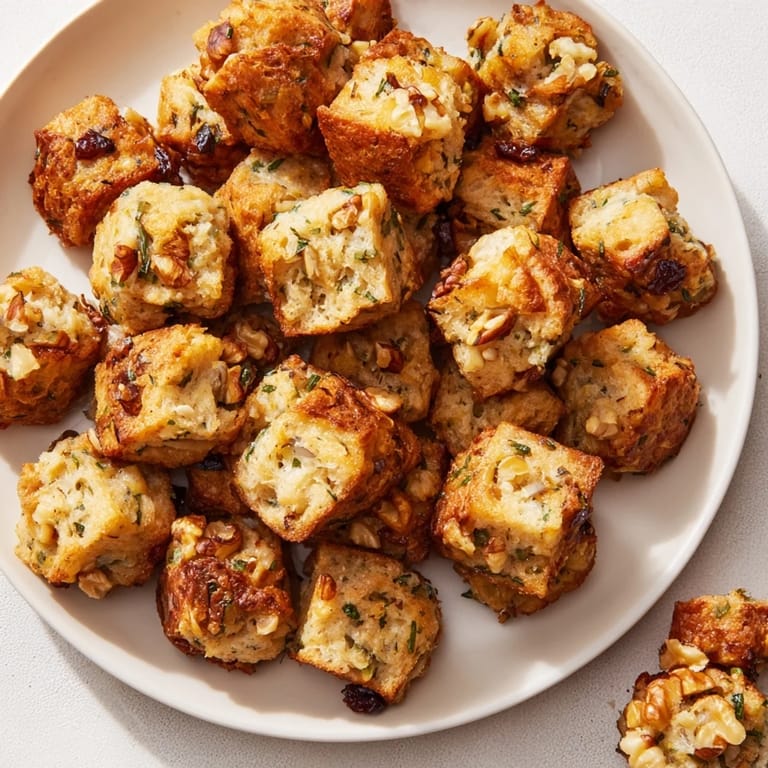 Close-up of baked Quick Christmas Stuffing Balls, showcasing the crispy exterior and herb-filled interior.