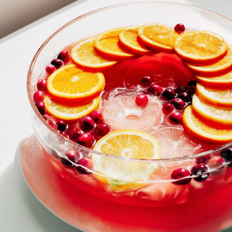 Festive Quick Holiday Punch ready to serve in a glass, with a glistening fruit ice ring floating.