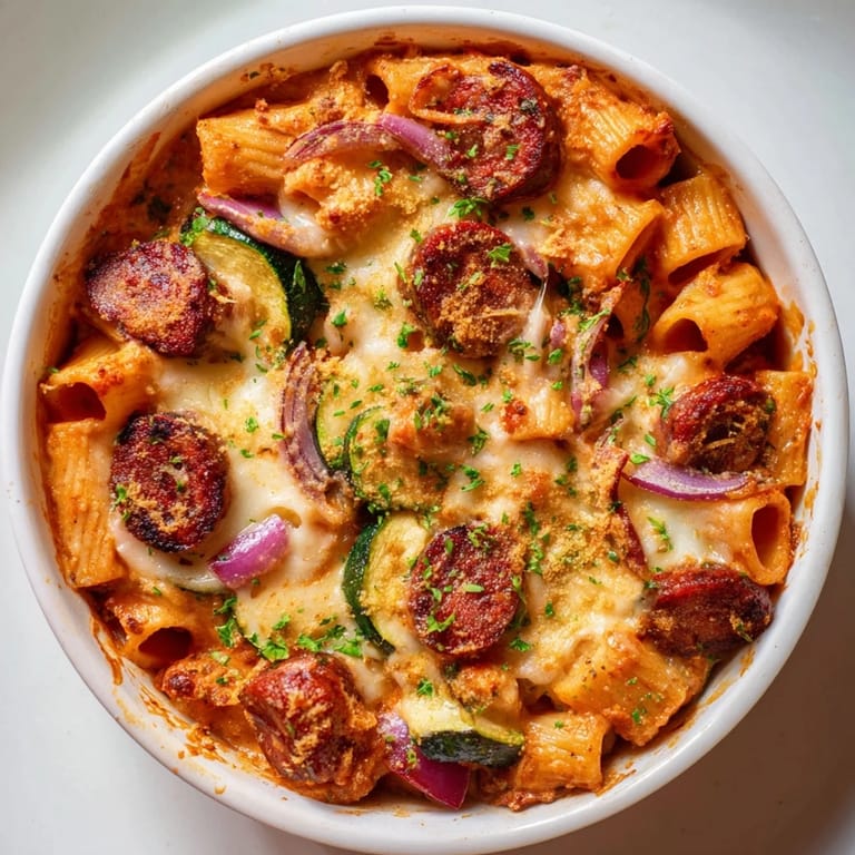 Enjoy a hearty bowl of Spicy Vegan Chorizo Baked Pasta, featuring visible vegetables and a golden crust.