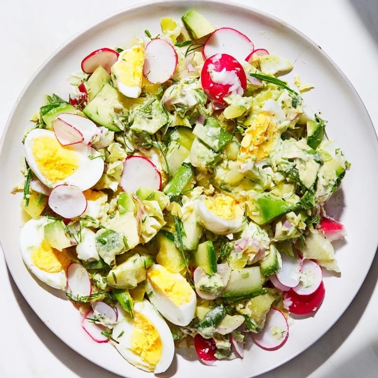 A close-up view of the fresh Green Goddess Chopped Egg Salad, perfect for a light lunch or a summer picnic.