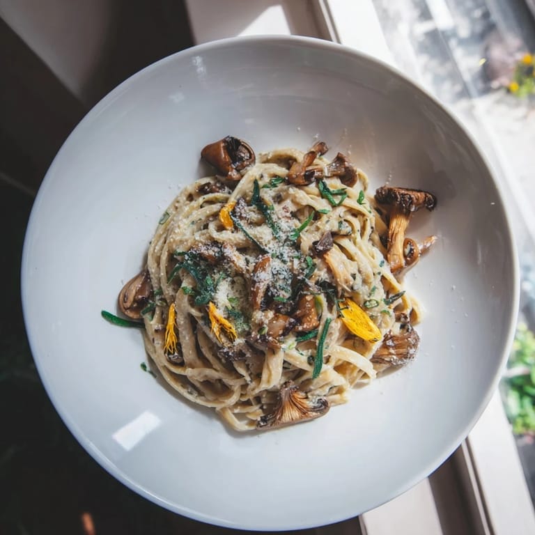 A close-up of Vegan Marry Me Mushroom Pasta, ready to serve with fresh basil and vegan parm.