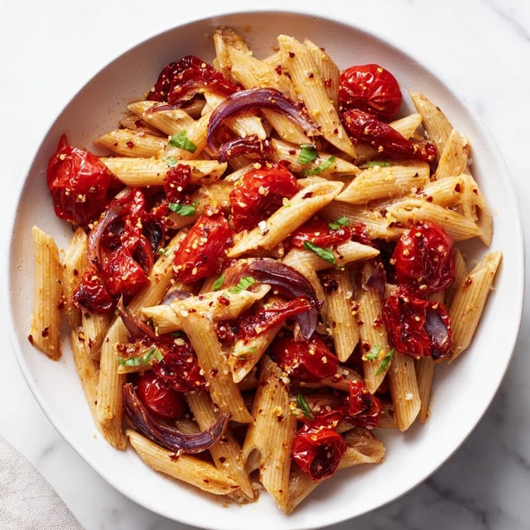 A close-up of savory Baked Tomato & Olive Oil Pasta, a comforting Italian vegetarian meal suggestion.