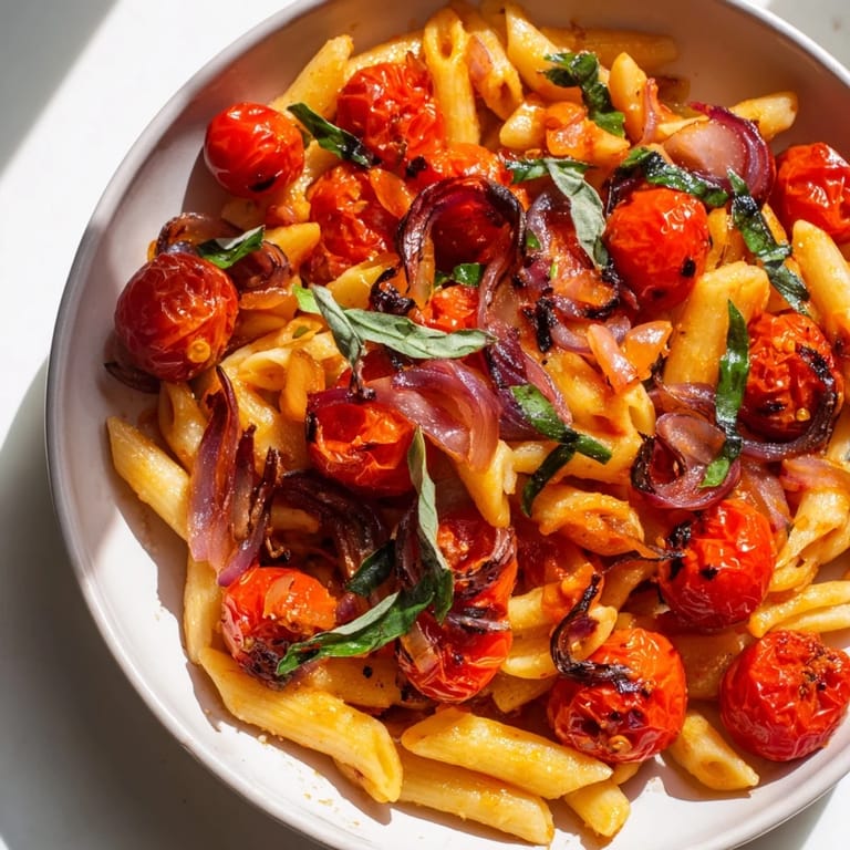 Golden-brown Baked Tomato & Olive Oil Pasta, served with Parmesan, smelling deliciously of garlic.