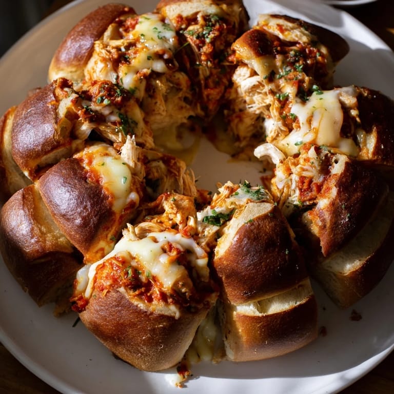 Golden, bubbly Cheesy Leftover Chicken Bake Pull-Apart Bread stuffed with savory chicken and melting cheese.