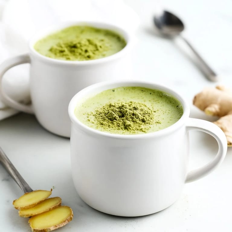 A comforting Coconut Ginger Matcha Winter Immunity Latte, dusted with matcha and ready to enjoy on a cold day.