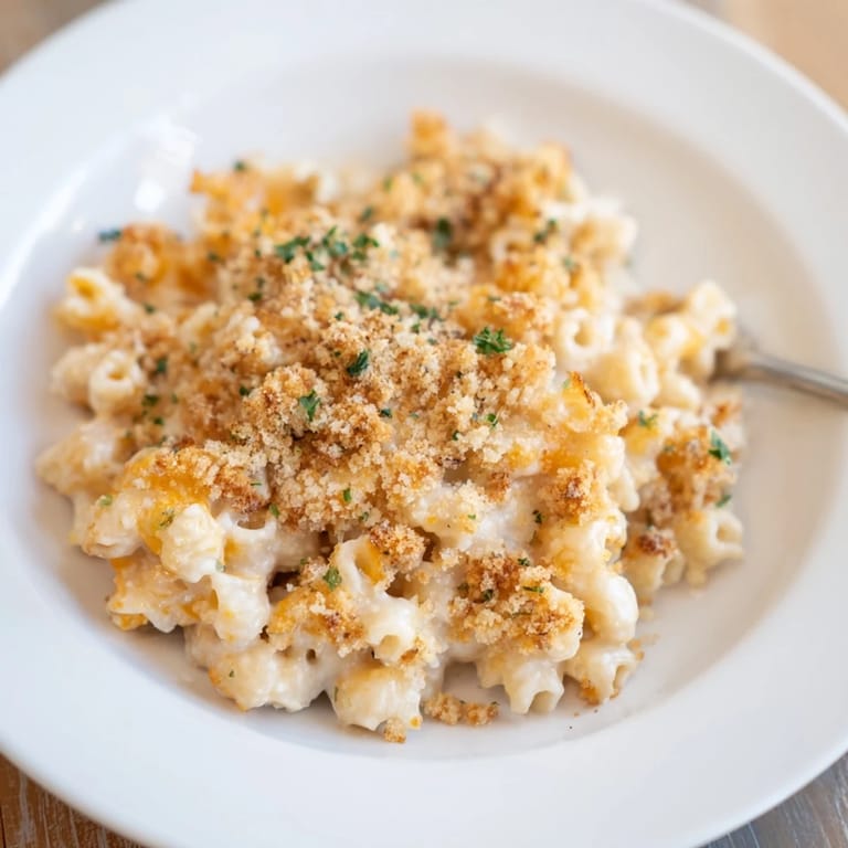 Close-up of creamy, cheesy Lightened Mac & Cheese Snowflake Pasta Bake, perfect for a cozy, delicious dinner.