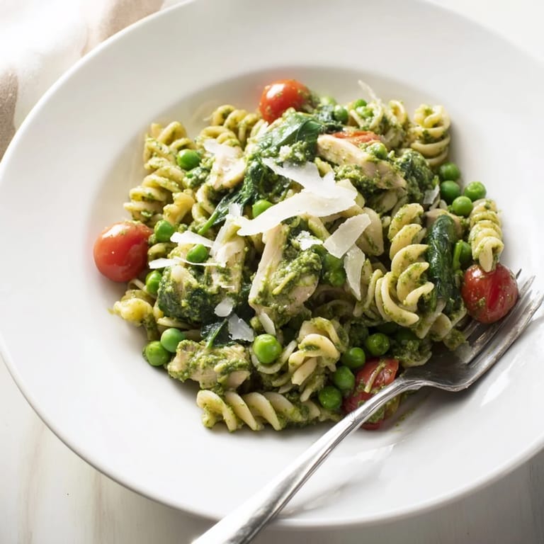 Easy one-pot creamy pesto pea protein pasta: Delicious dish loaded with creamy sauce, Parmesan, and fresh spinach.