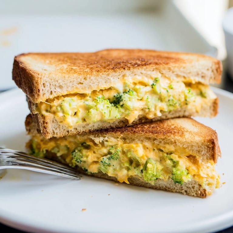 Golden-brown Air Fryer Broccoli Cheddar Stuffed Grilled Cheese, a comforting vegetarian main dish option.