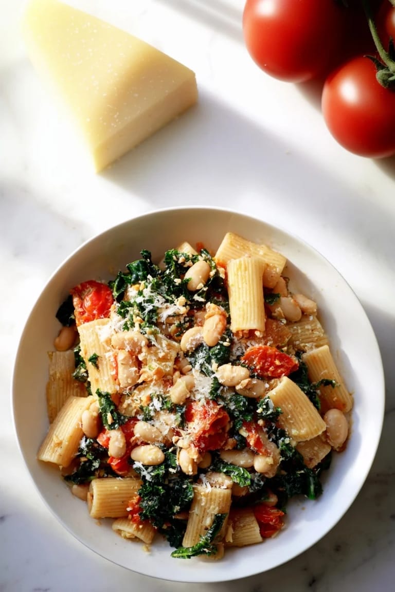 Enjoy this inviting photo of Healthy Tuscan White Bean & Kale Christmas Pasta, garnished with fresh lemon zest.