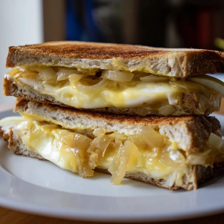 A warm, comforting Caramelized Onion, Apple & Cheddar Grilled Cheese with crispy, golden bread and oozing cheese.