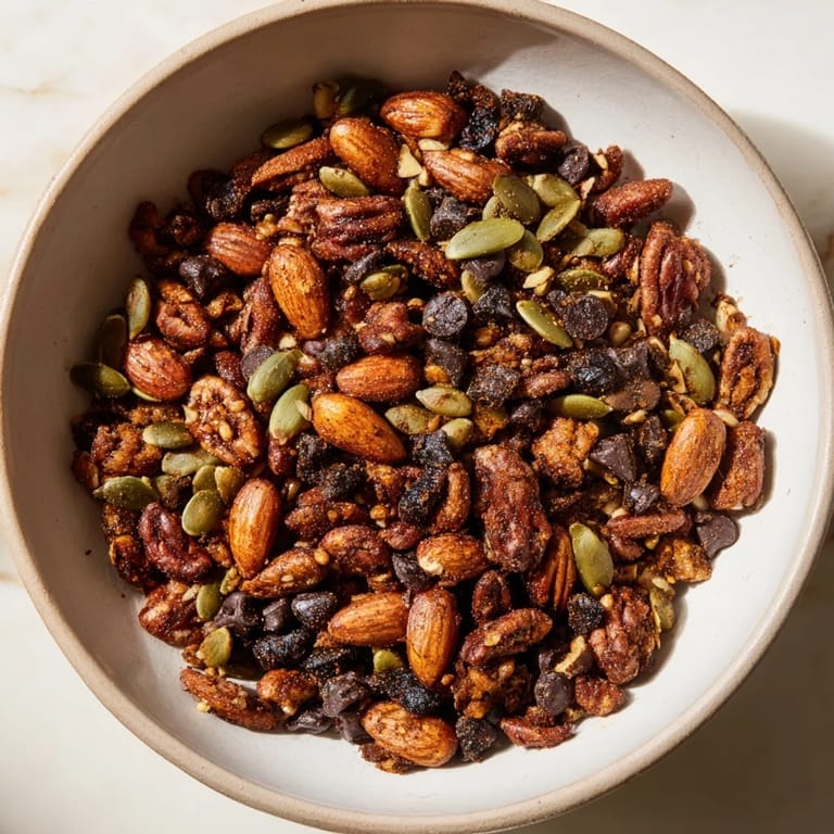 Close-up of a rustic bowl filled with crunchy acorn & oak snack mix, ready to eat.