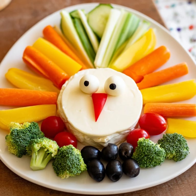 Festive Turkey Shaped Appetizer Tray: A delightful platter with vibrant bell peppers and carrots, ready to serve and enjoy.