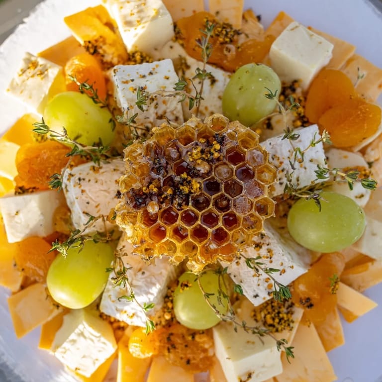Vibrant image shows a beautifully arranged Busy Bee Honeycomb Snack Plate with fresh fruit and honey.