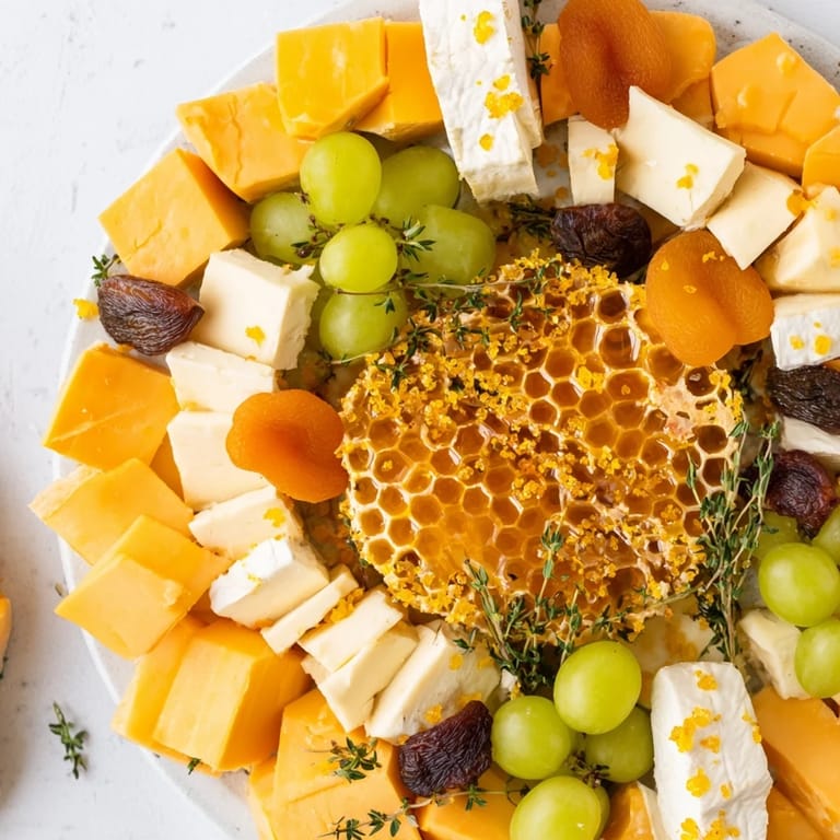 This Busy Bee Honeycomb Snack Plate offers a luscious array of cheeses, fruits, and crunchy bites.