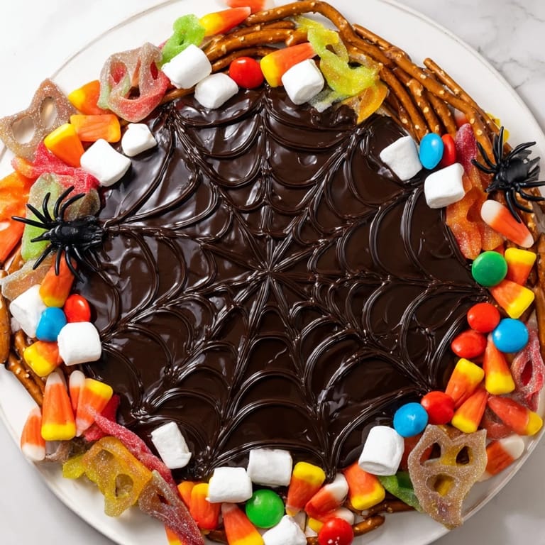 Deliciously spooky Spiderweb Candy Platter ready to devour, showcasing vibrant gummy worms and chocolate.