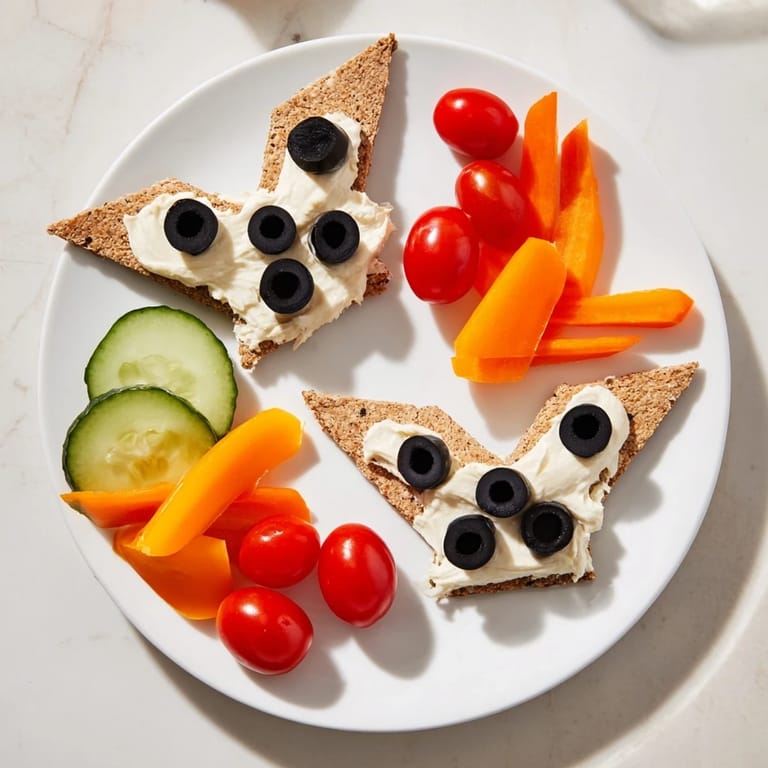 This spooky Flying Bat Halloween Snack Board displays crackers, cookies, and colorful veggies; perfect for eating together.