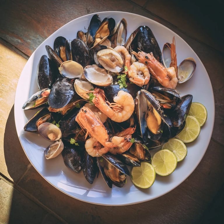 Freshly steamed Shellfish & Seafood Medley, a French feast, garnished with bright green parsley, perfect appetizer.