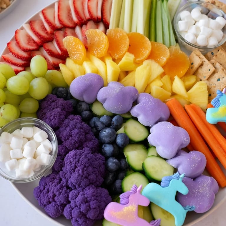 A fun-filled, eye-catching Magical Unicorn Rainbow Snack Board, perfect for a kids' party, ready to enjoy.
