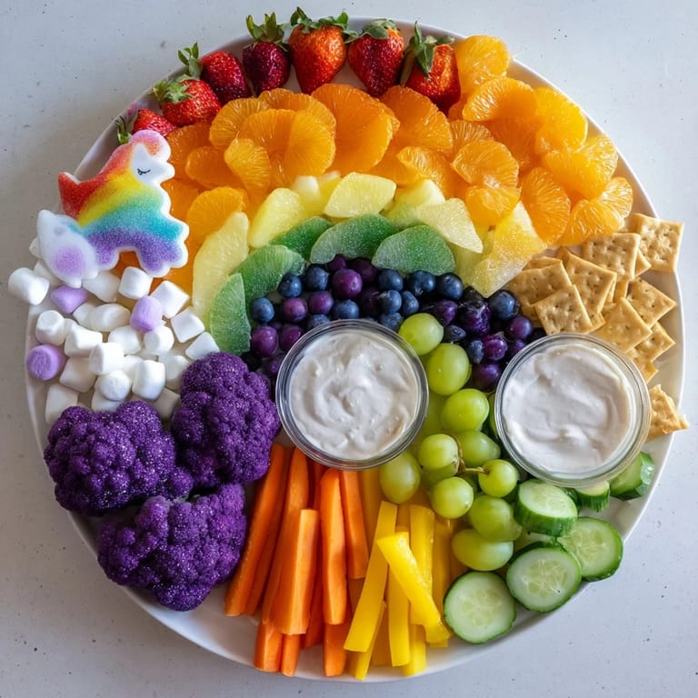 Delectable Magical Unicorn Rainbow Snack Board, arranged with fruits, veggies, and dips for a festive snack.