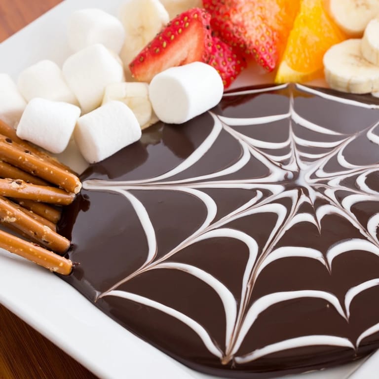 Indulge in a beautiful Spiderweb Chocolate Ganache Board, perfect for dipping fresh fruit and cookies.