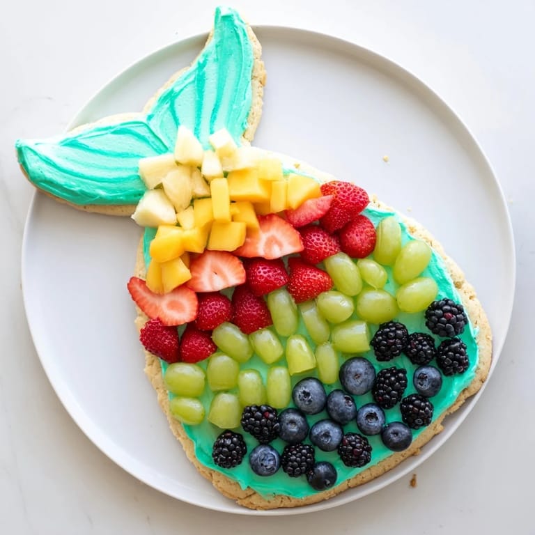 This Under the Sea Mermaid Tail Fruit Pizza features a sugar cookie crust with a beautiful fruit topping arrangement.