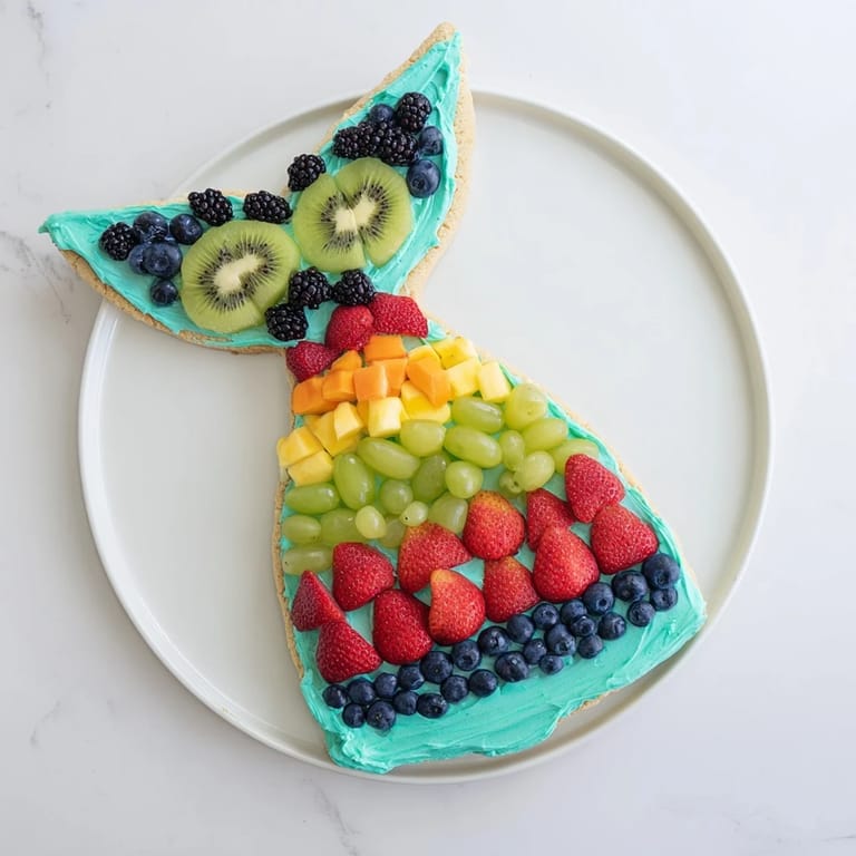 A creamy frosting base holds colorful berries and kiwi in this festive Mermaid Tail Fruit Pizza creation.