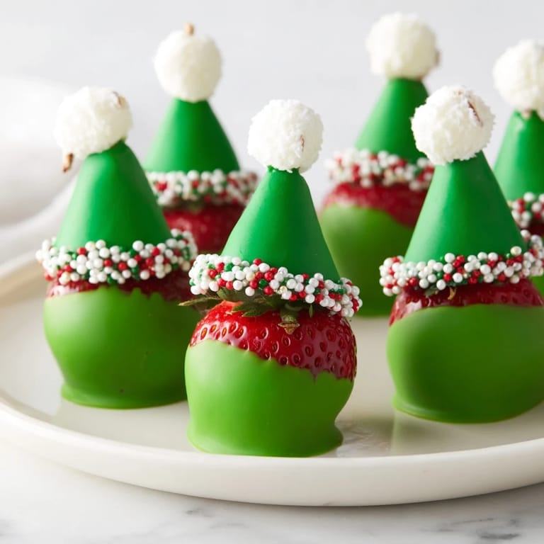 Close-up of freshly made Elf Hat Chocolate Dipped Strawberries, ready to be enjoyed as a sweet treat.
