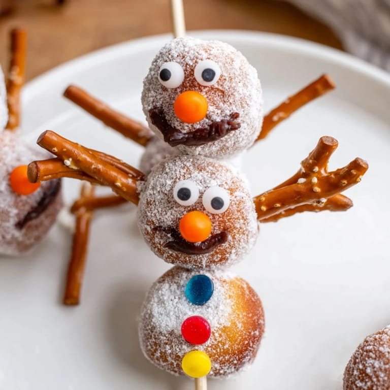 Easy and adorable mini donut snowmen, a no-bake treat with powdered sugar and candy eyes.