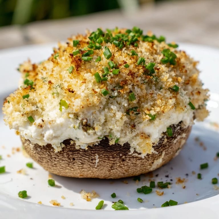 Warm, creamy Stuffed Mushroom Caps, ready to serve as a flavorful vegetarian appetizer.