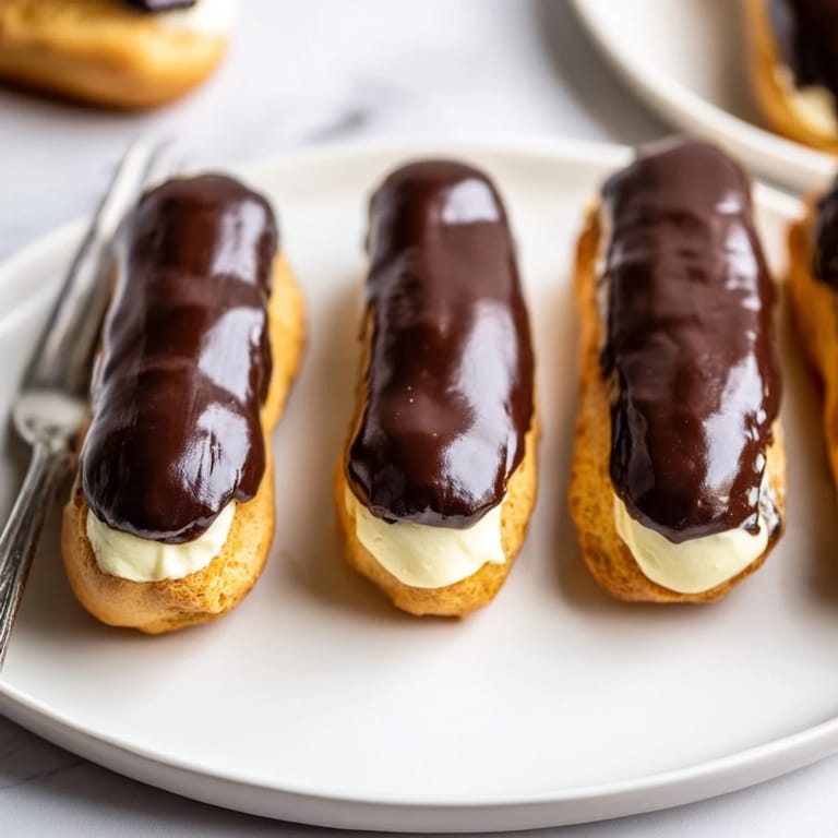 Freshly made mini Chocolate Éclairs arranged, showcasing their delicate choux pastry and chocolate topping.