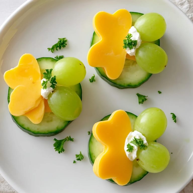A festive Lucky Four-Leaf Clover Snack, a delicious appetizer with cheese and cucumbers, ready to enjoy.