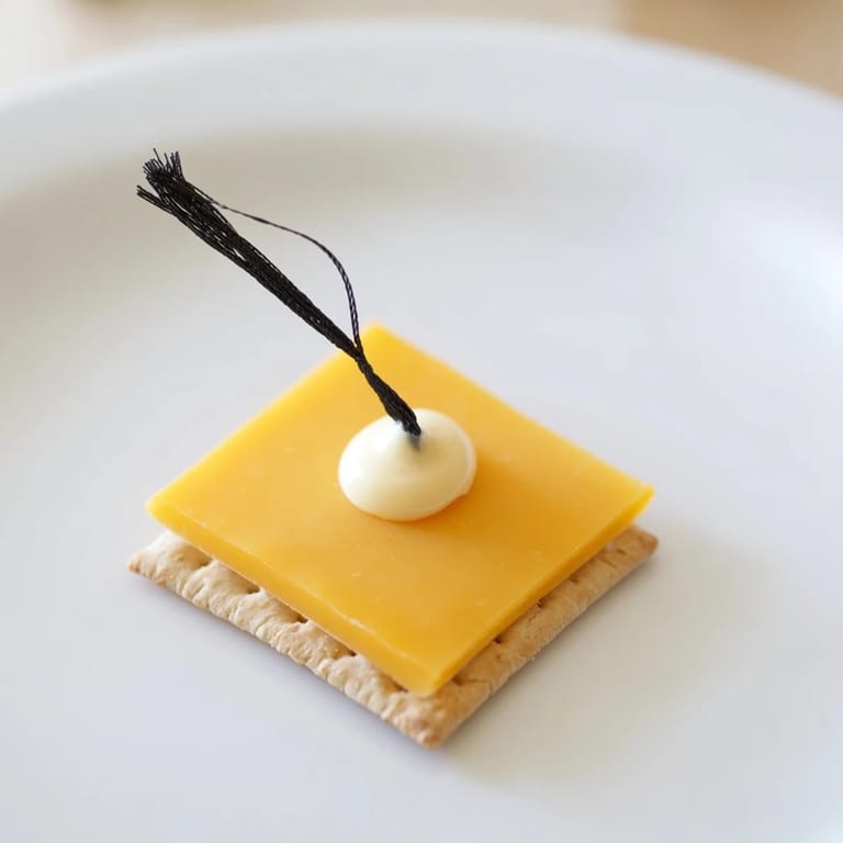 The Graduation Cap Snack, a fun, easy appetizer featuring cheese squares and fruit tassels.