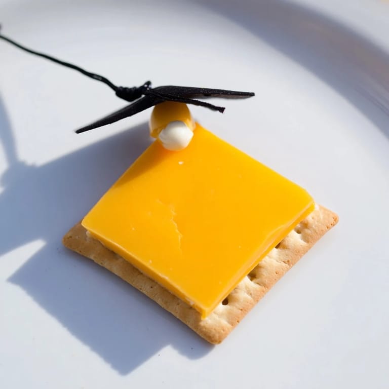 Close-up of The Graduation Cap Snack: cheesy miniature caps with licorice or fruit tassels ready to eat.