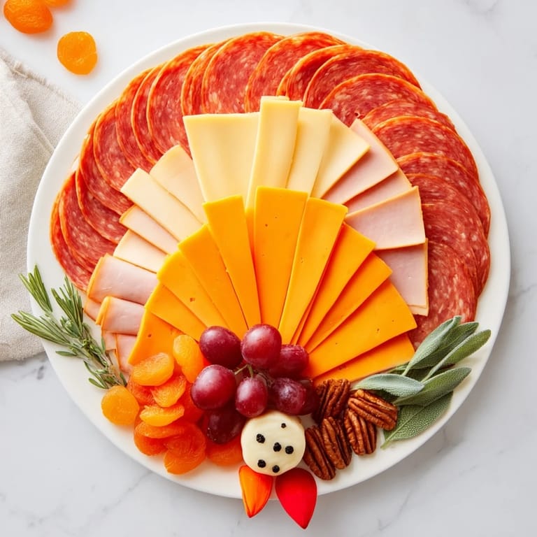 A delightful overhead shot of the Turkey Tail Fan, featuring sliced meats and cheeses artfully displayed for a feast.