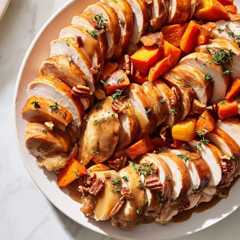 Savory "Chains of the Mayflower" featuring sliced turkey, roasted vegetables, and rich, glistening gravy for serving.