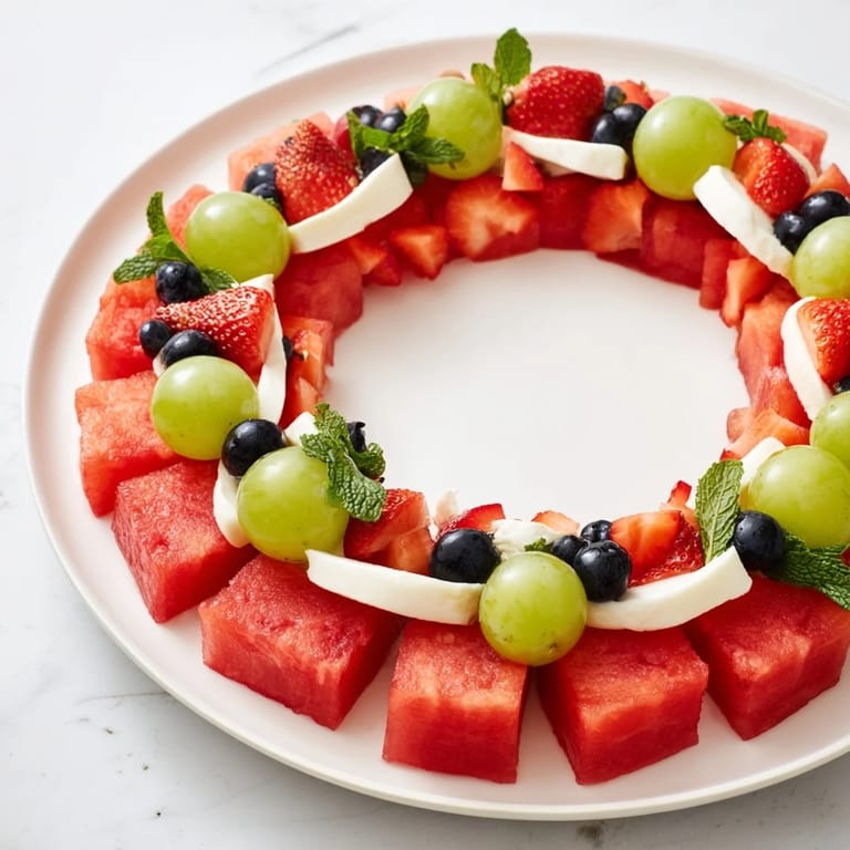 Vibrant Summer Watermelon Slice, featuring a watermelon-like arrangement of fruit, cheese, and olives.