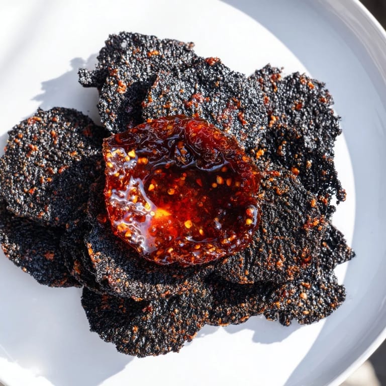 Enjoy the dramatic presentation of the "Volcanic Flow," featuring a fiery red jelly dip surrounded by black crackers.
