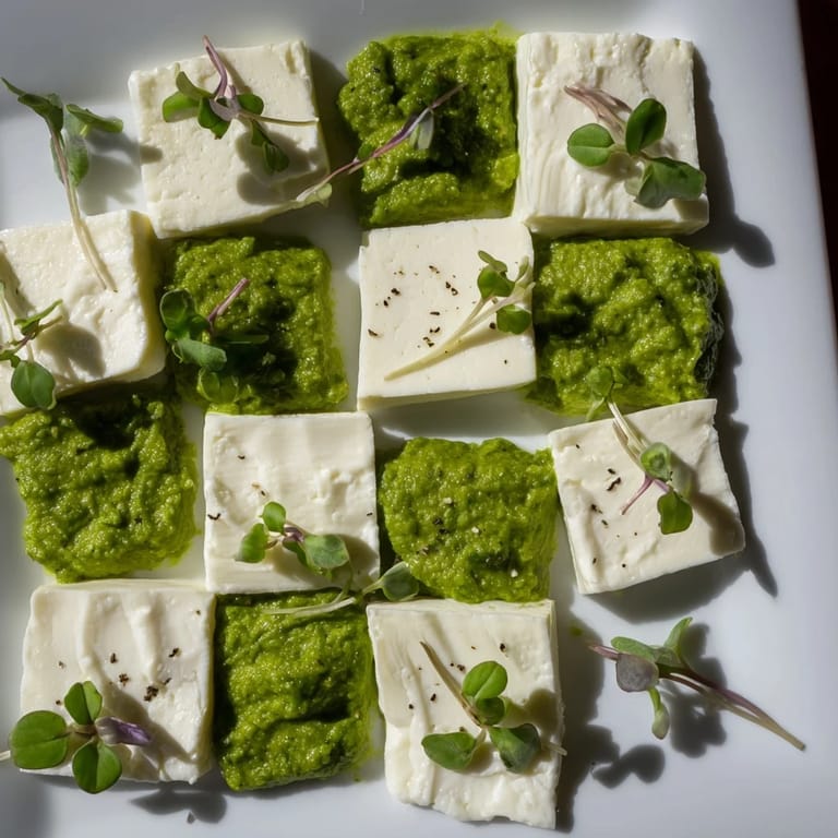 Beautiful Checkerboard Garden arrangement: alternating squares of herbs and cheese, ready for serving this vegetarian dish.