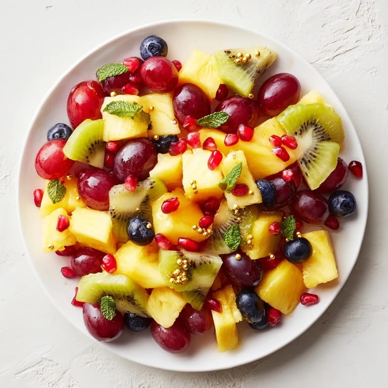 A glistening Three Kings Royal Fruit Platter, showcasing mangoes, grapes and kiwi drizzled with lime.