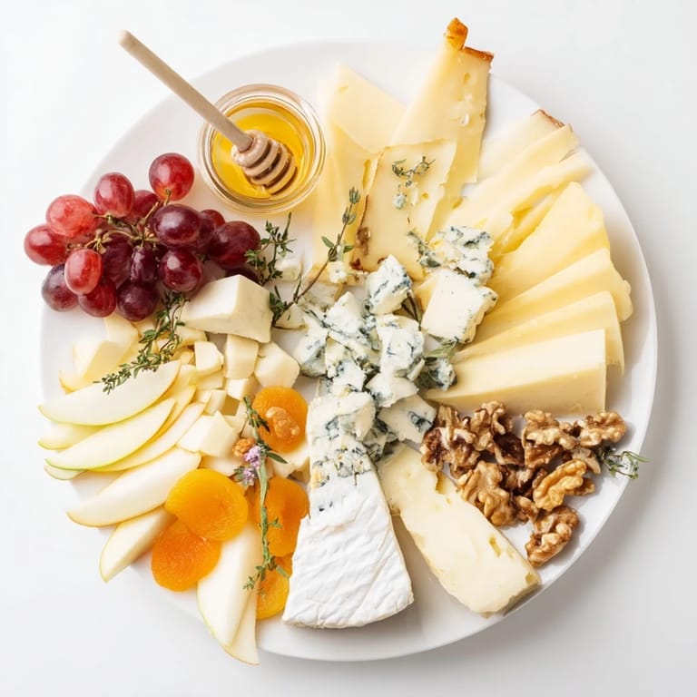 This elegant Honey & Cheese Board offers a beautiful arrangement of cheeses, fresh fruit, and drizzles of honey.