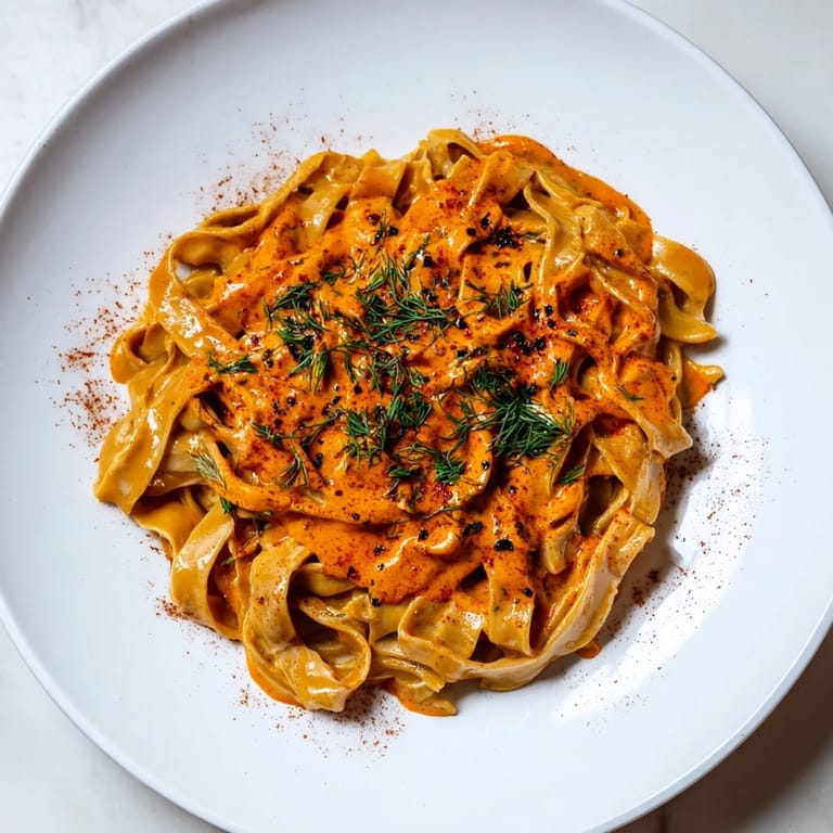 A close-up view of Turkish pasta with paprika butter, showcasing al dente noodles and a flavorful, spicy sauce.